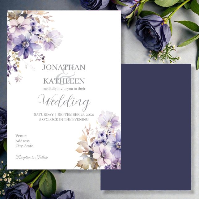 Convite de Casamento Floral Roxo e Azul Aquarela (Criador carregado)