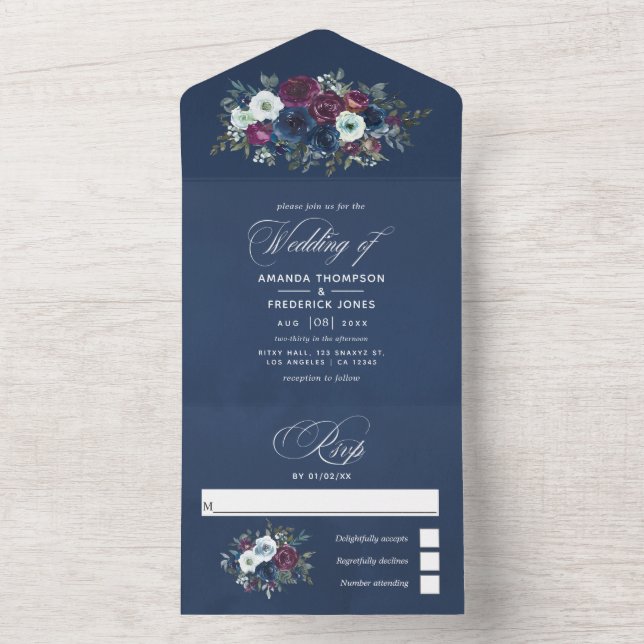 Convite de Casamento Floral Roxo e Azul Marinho Tu (Interno)