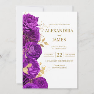 Convite de Casamento Floral Roxo e Dourado
