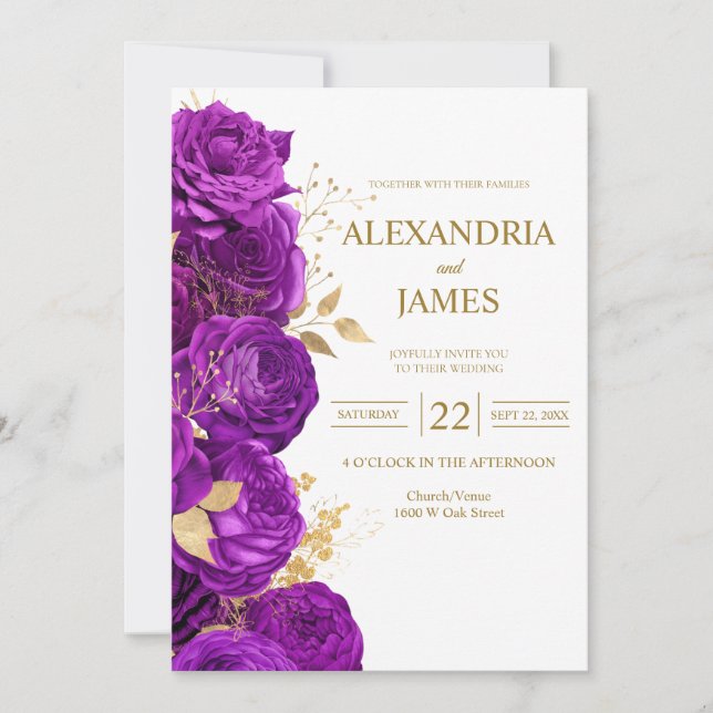 Convite de Casamento Floral Roxo e Dourado (Frente)