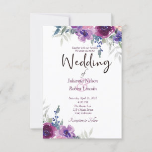 Convite de casamento floral roxo e mauve aquarela