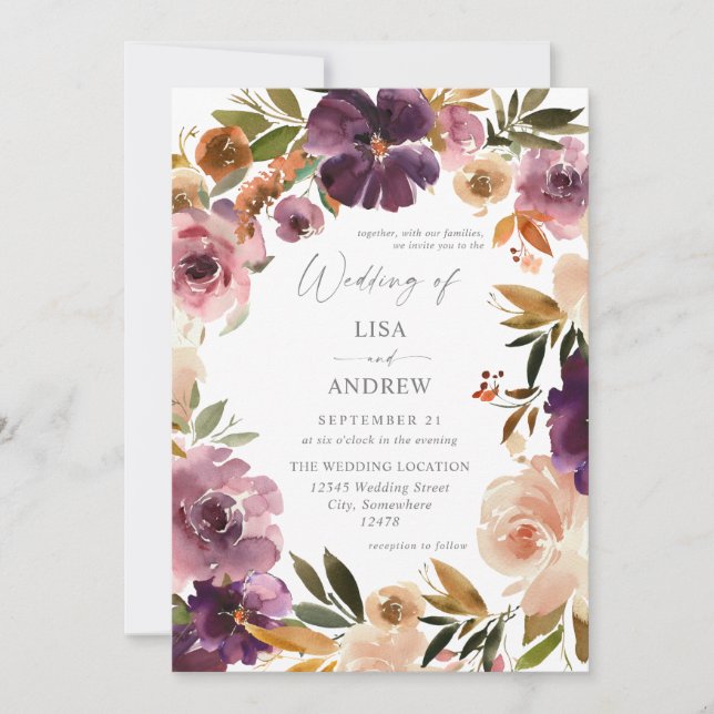 Convite de Casamento Floral Roxo e Rosa Bege V3 Gr (Frente)
