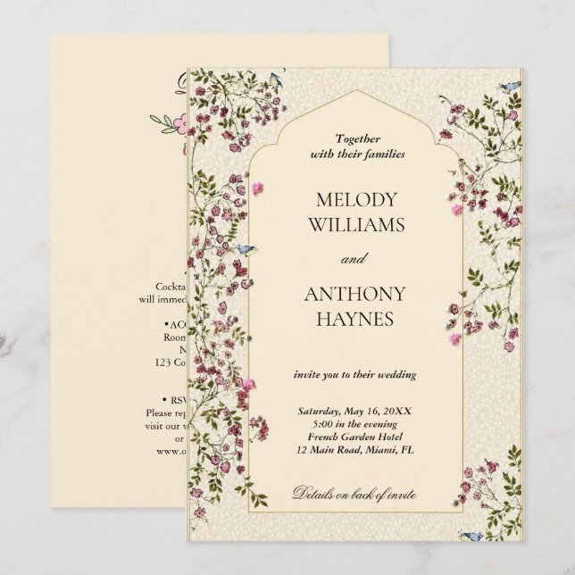 Convite de Casamento Floral Roxo e Verde Elegante (Frente/Verso)