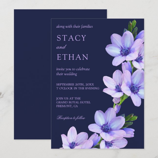 Convite de Casamento Floral Roxo Elegante (Frente/Verso)