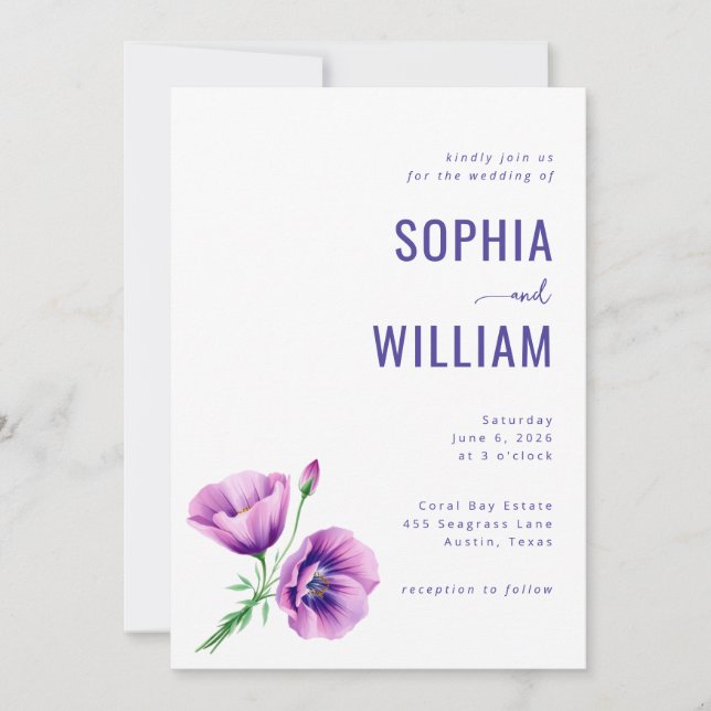 Convite de Casamento Floral Roxo Elegante (Frente)