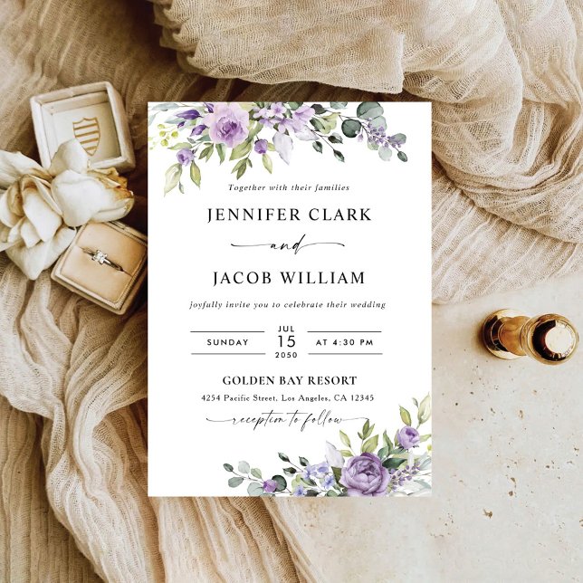 Convite de Casamento Floral Roxo Elegante (Criador carregado)