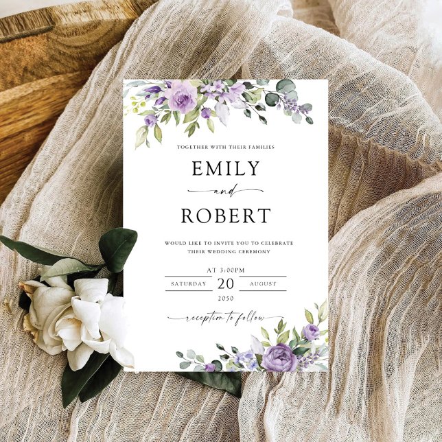Convite de Casamento Floral Roxo Elegante (Criador carregado)