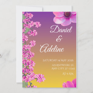Convite de Casamento Floral Roxo Elegante Amarelo