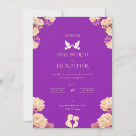 Convite de Casamento Floral Roxo Elegante com Pomb