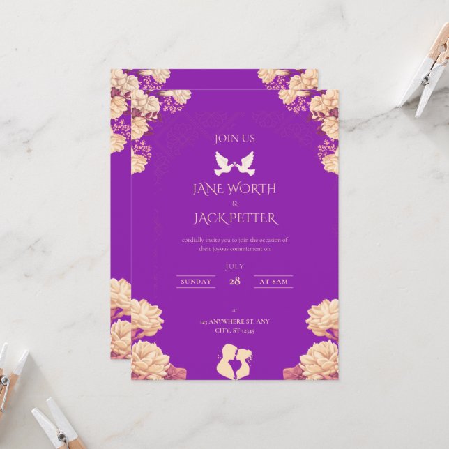Convite de Casamento Floral Roxo Elegante com Pomb (Frente/Verso In Situ)