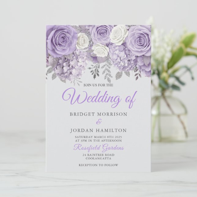 Convite de casamento Floral Roxo Elegante com Spar (Em pé/Frente)