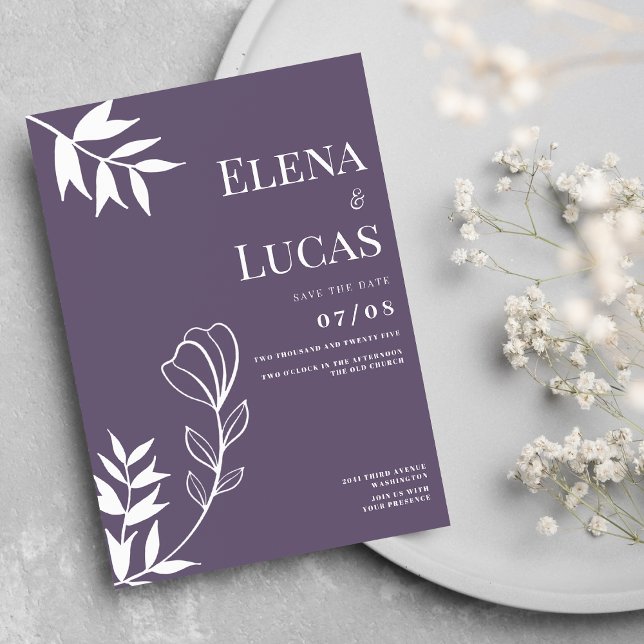Convite de casamento floral roxo esbranquiçado abs (Abstract dusty purple white sketch floral wedding)