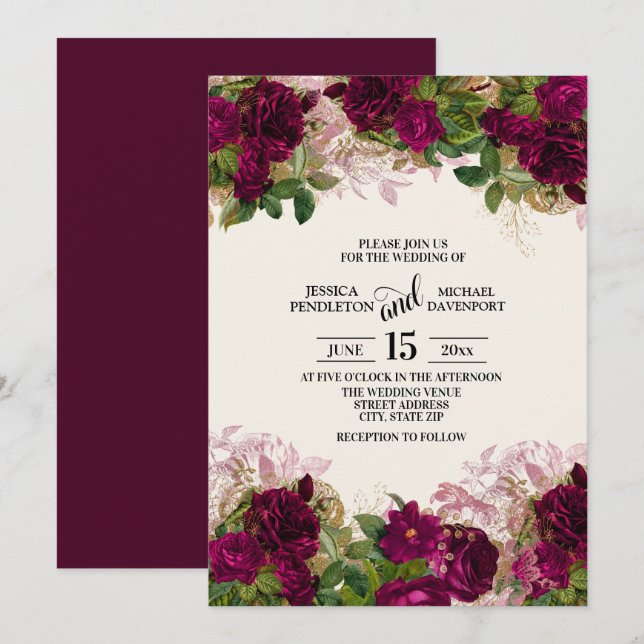 Convite de Casamento Floral Roxo Escuro Elegante (Frente/Verso)