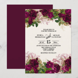 Convite de Casamento Floral Roxo Escuro Elegante