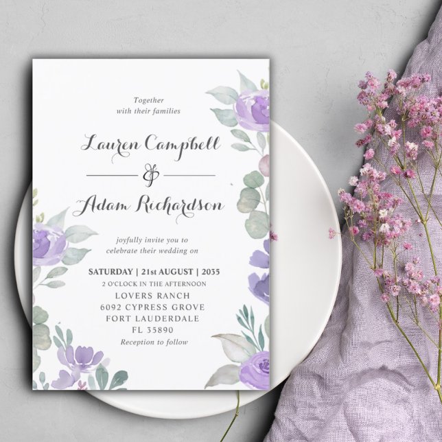 Convite de Casamento Floral Roxo Eucalipto Rústico (Criador carregado)