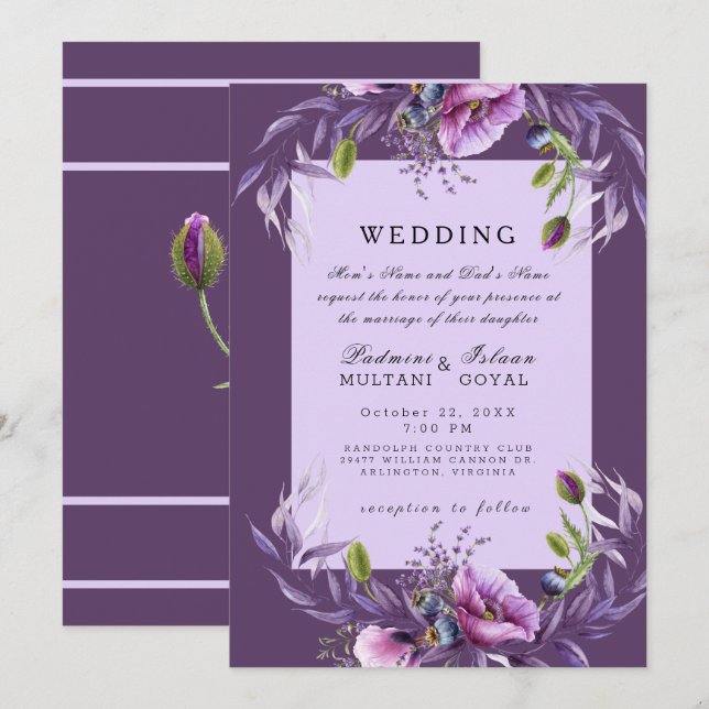 Convite de Casamento Floral Roxo Fundo Estilo Indi (Frente/Verso)