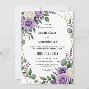 Convite de Casamento Floral Roxo Geométrico Amarel
