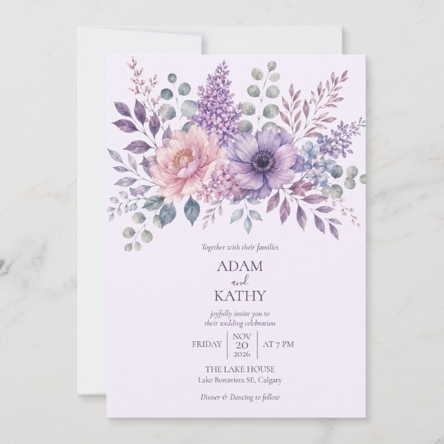 Convite de Casamento Floral Roxo Lavanda (Frente)