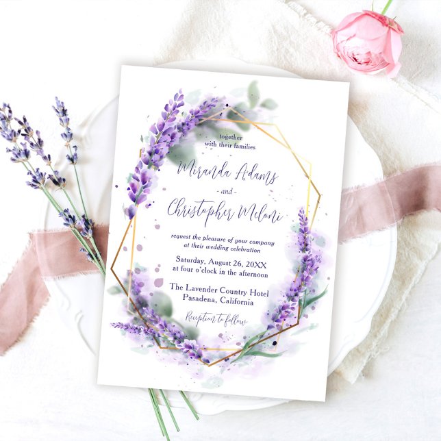 Convite de Casamento Floral Roxo Lavanda Caligrafi (Criador carregado)