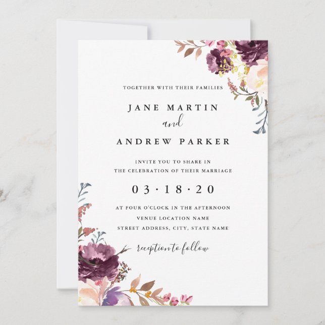 Convite de Casamento Floral Roxo Moderno (Frente)