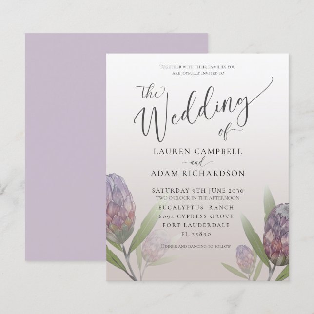 Convite de Casamento Floral Roxo Moderno Orçamentá (Frente/Verso)