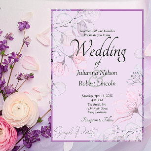 Convite de casamento floral roxo orçamento em bran