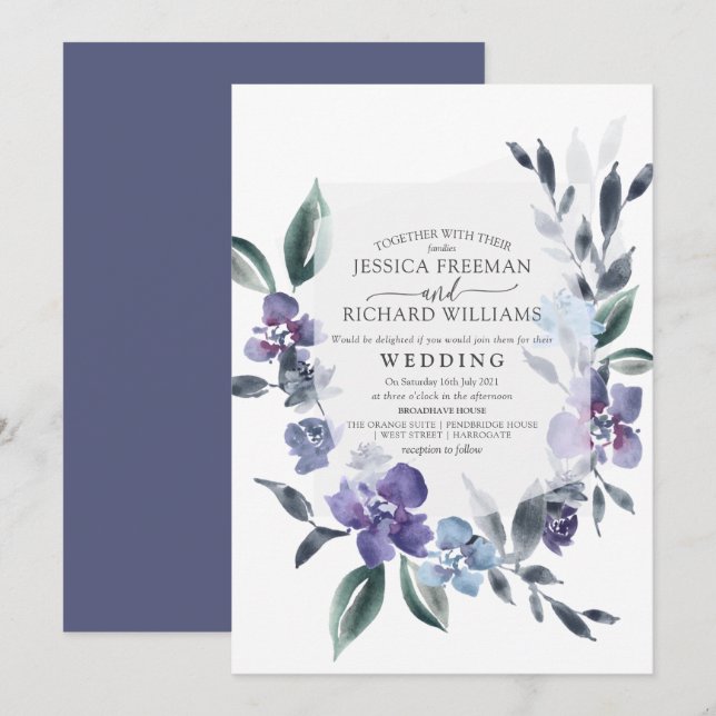 Convite de Casamento Floral Roxo Pólen para Jardim (Frente/Verso)