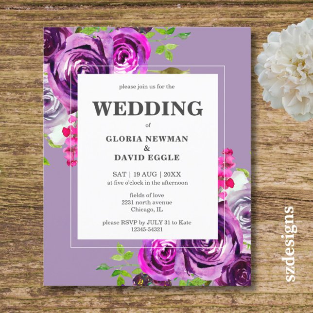 Convite de Casamento Floral Roxo Romântico dentro  (Criador carregado)