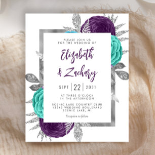 Convite de Casamento Floral Roxo Turquesa Prata Or