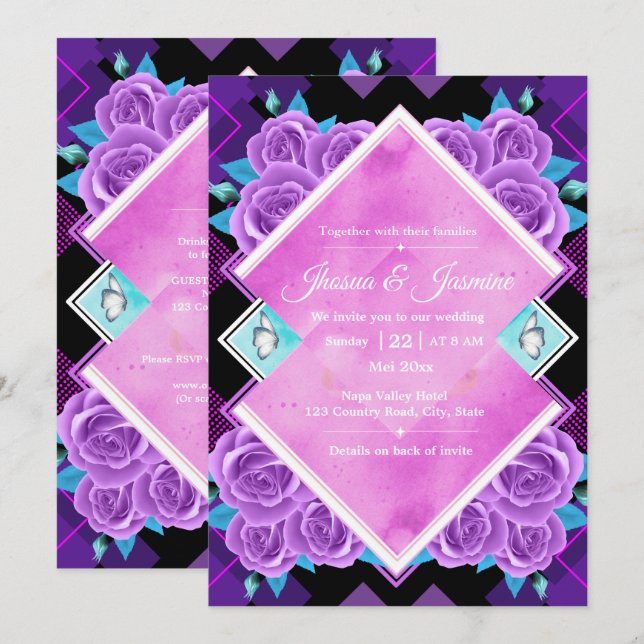 Convite de Casamento Floral Roxo Vibrante e Turque (Frente/Verso)