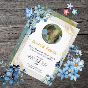 Convite de casamento Floral Russo Azul Dusty com F