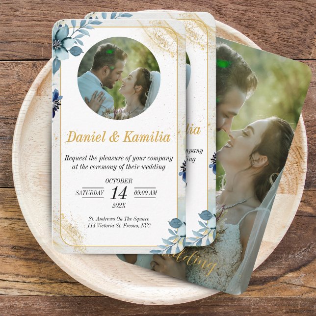 Convite de casamento Floral Russo Mini Azul Com Fo (Mini Blue Rustic Floral Wedding Invite - Custom Photo)