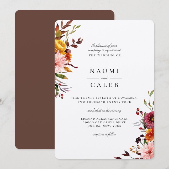 Convite De Casamento Floral Rustic Autumn (Frente/Verso)