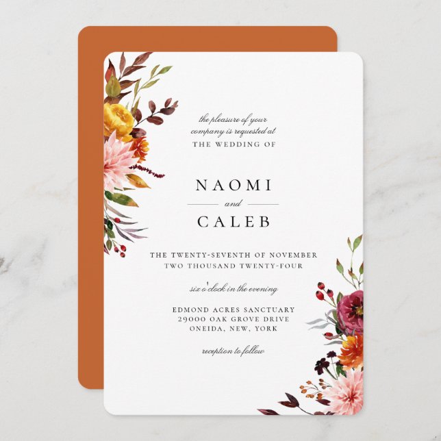 Convite De Casamento Floral Rustic Autumn (Frente/Verso)