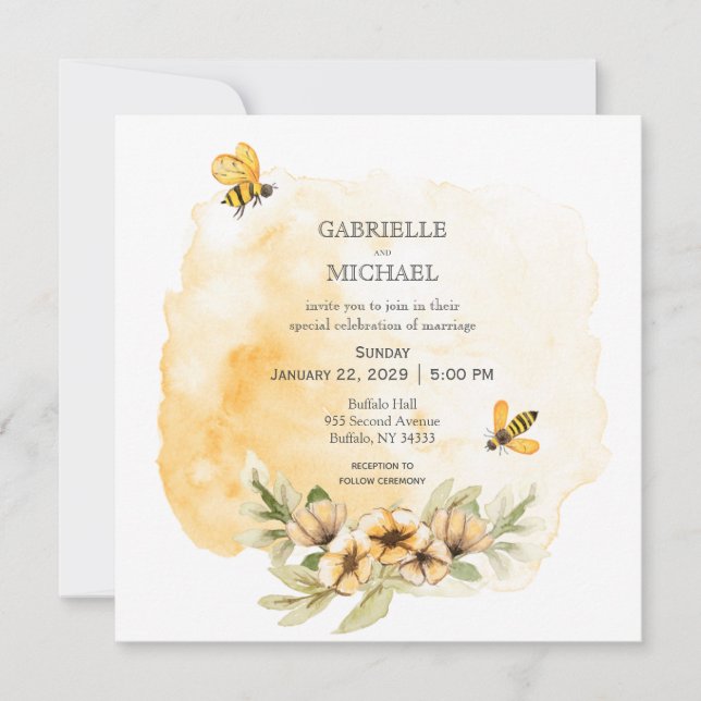 Convite De Casamento Floral Rustic Bumble Bee (Frente)