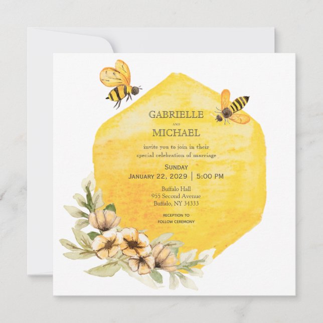 Convite De Casamento Floral Rustic Bumble Bee (Frente)