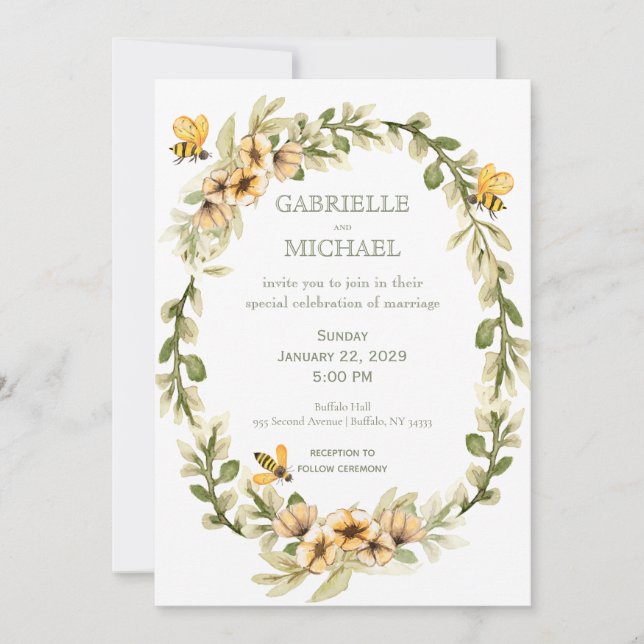 Convite De Casamento Floral Rustic Bumble Bee (Frente)