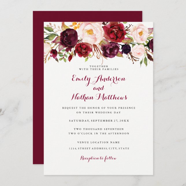 Convite De Casamento Floral Rustic Burgundy (Frente/Verso)