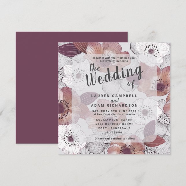 Convite de Casamento Floral Rústico Ameixa Roxo (Frente/Verso)