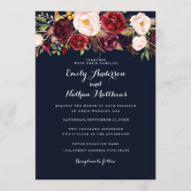 Convite de Casamento Floral Rustico Azul Burgundy