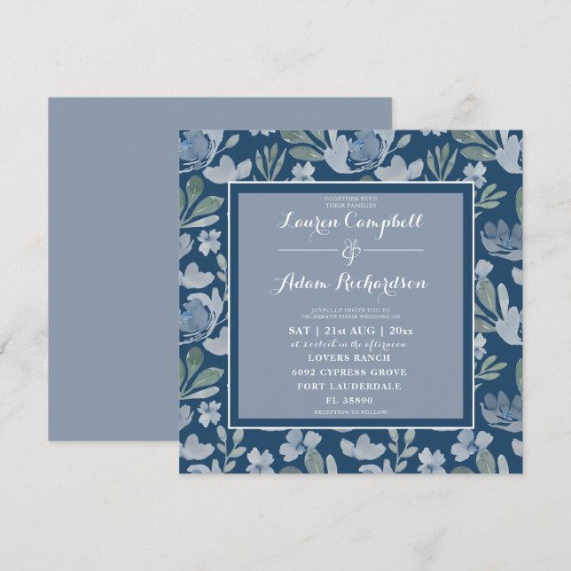 Convite de Casamento Floral Rústico Azul e Verde-á (Frente/Verso)