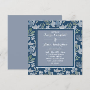 Convite de Casamento Floral Rústico Azul e Verde-á