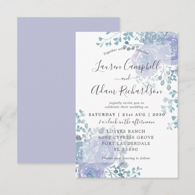 Convite de Casamento Floral Rústico em Azul e Roxo (Frente/Verso)