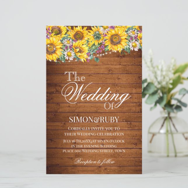 Convite de Casamento Floral Rústico em Madeira Fly (Em pé/Frente)