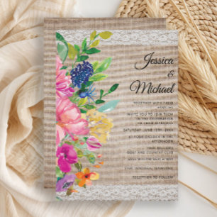 Convite de Casamento Floral Rústico em Rosa Azul c