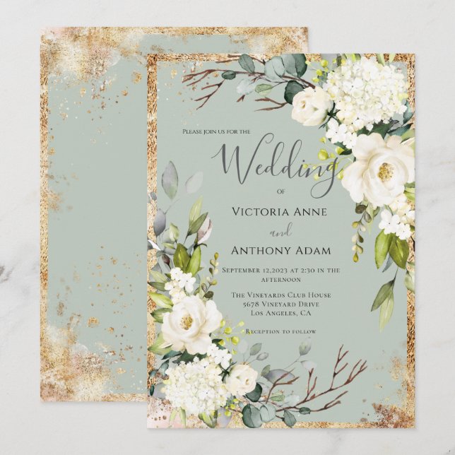Convite de Casamento Floral Rústico em Verde Sage  (Frente/Verso)
