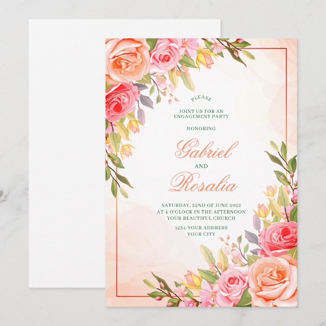 Convite de Casamento Floral Rústico Rosa Bege (Frente/Verso)