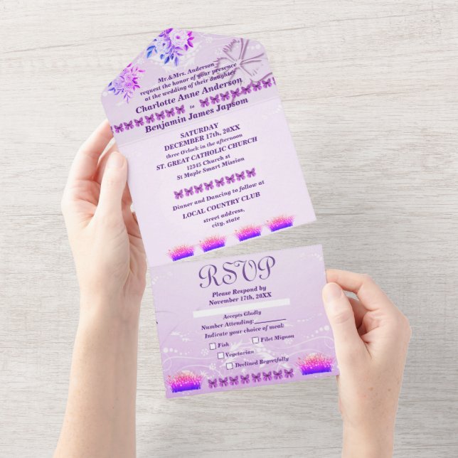 Convite de Casamento Floral Rústico Roxo (Tearaway)