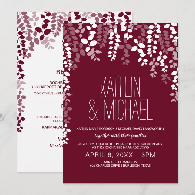 Convite de Casamento Floral Rústico (Vinho Marsala (Frente/Verso)
