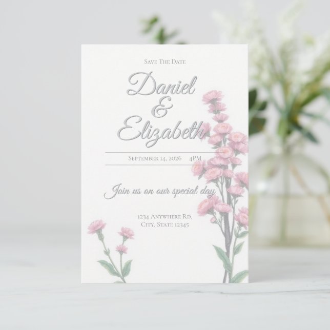 Convite de casamento floral Salve a Data (Em pé/Frente)